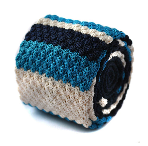 blue and cream striped skinny knitted tie